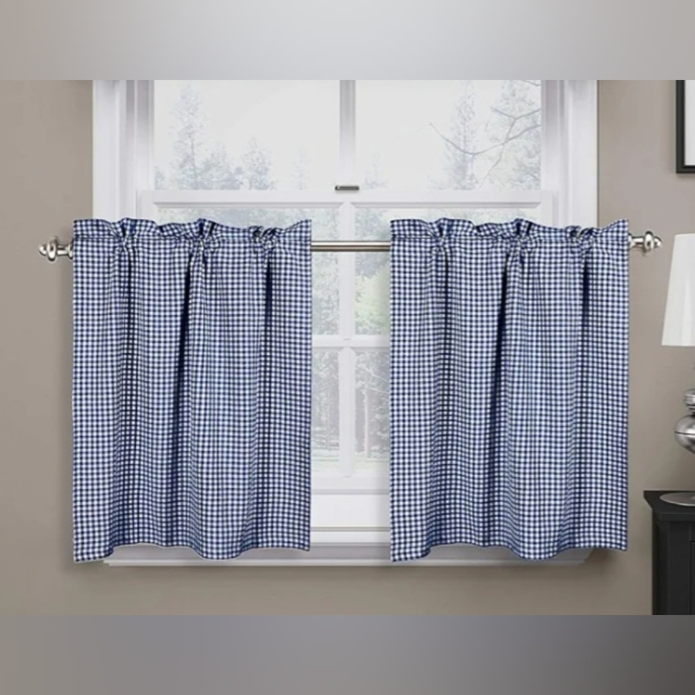 Farmhouse Vintage looking cottage coreKitchen Tiers  Set Rod Pocket - Blue White